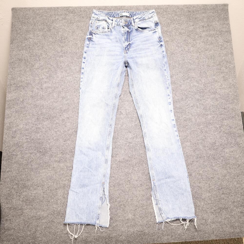 Zara Jeans Womens 8 Light Wash Blue High Rise Slim Straight Raw Hem Slit Denim
